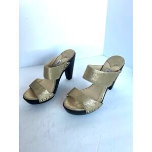 NWOT Jimmy Choo‎ Ulrika Gold Glitter Slide Wooden Platform High Heel Sandals 8.5